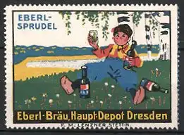 Reklamemarke Eberl-Sprudel der Eberl-Bräu des Haupt-Depot Dresden, Firmenlogo, Junge trinkt Eberl-Sprudel