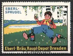 Reklamemarke Eberl-Sprudel der Eberl-Bräu des Haupt-Depot Dresden, Firmenlogo, Junge trinkt Eberl-Sprudel