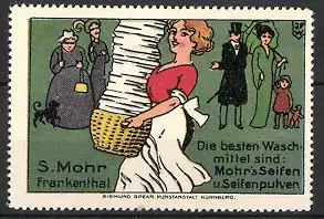 Künstler-Reklamemarke Johann Peter Werth, Mohr's Seifen und Seifenpulver, Frankenthal, Frau mit frischer Wäsche