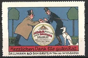 Künstler-Reklamemarke Johann Peter Werth, \"Kola\"-Pastillen der Firma Dallmann, Schierstein, Männer im Gespräch, Windhund