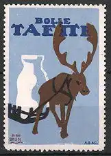 Reklamemarke "Taette"-Milch der Meierei Bolle AG, Elch zieht Schlitten mit Milchflasche