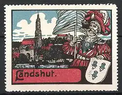 Reklamemarke Landshuter Hochzeit 1745, Landsknecht mit Wappen, Stadtmotiv