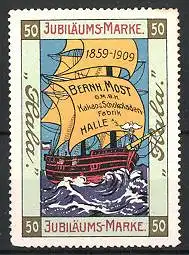 Reklamemarke 50 Jahre "Hala"-Schokolade der Firma Most, Halle, Segelschiff