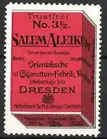Reklamemarke "Salem-Aleikum"-Zigaretten der Zigarettenfabrik Zietz, Dresden, Zigarettenfabrik, rot