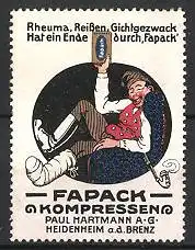 Reklamemarke "Fapack"-Kompressen der Firma Paul Hartmann, Heidenheim, Mann mit Gipsverband um den Fuss