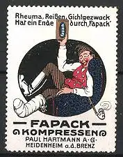 Reklamemarke "Fapack"-Kompressen der Firma Paul Hartmann, Heidenheim, Mann mit Gipsverband um den Fuss