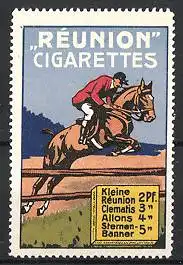 Reklamemarke "Réunion"-Zigaretten, Reiter springt mit Pferd über Hindernis