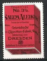 Reklamemarke "Salem Aleikum"-Zigaretten der Zigarettenfabrik Zietz, Dresden, Zigaretten-Packung, rot