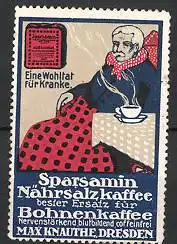 Reklamemarke "Sparsamin"-Nährsalzkaffee der Firma Knauthe, Dresden, kranker Mann mit Tasse Kaffee