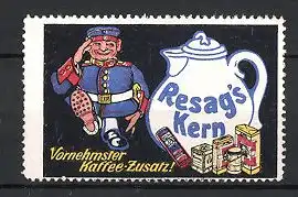 Reklamemarke Resag's Kern-Kaffee, "Vornehmster Kaffee-Zusatz!", Soldat mit Kaffeekanne, Kaffee-Packungen