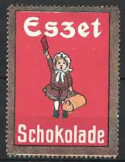 Reklamemarke "Eszet"-Schokolade, Mädchen mit Tafel Schokolade und Koffer
