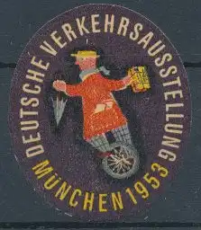 Reklamemarke München, Deutsche Verkehrs-Ausstellung 1953, Mann balanciert auf Einrad
