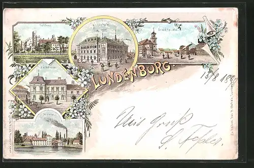 Lithographie Lundenburg, Schule, Stadtplatz mit Kirche, Rathaus, Mühle