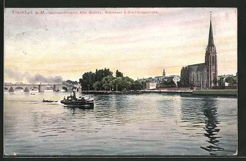 AK Frankfurt-Sachsenhausen, alte Brücke mit Maininsel und Dreikönigskirche