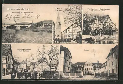 AK Jestädt, Gasthaus von Heinrich Hesse mit Post-Agentur, Strassenpartie mit Schule und Anger, Schloss