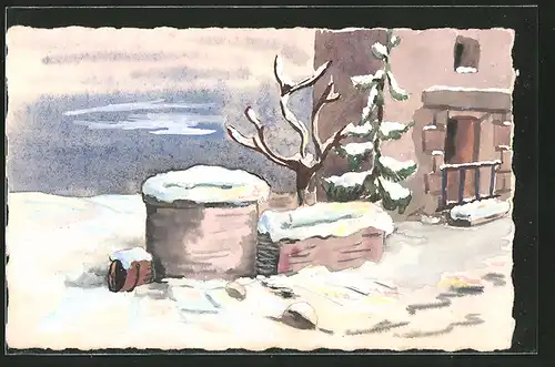 Künstler-AK Handgemalt: verschneiter Brunnen mit einem Tannenbaum