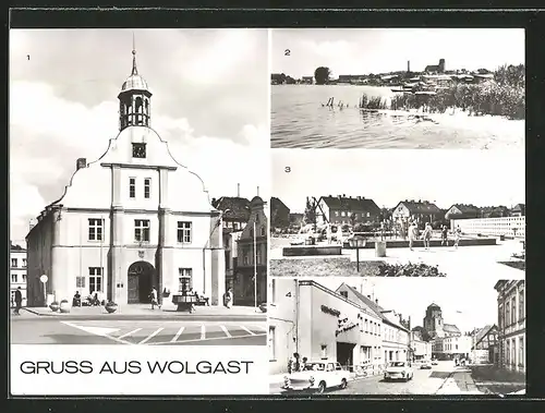 AK Wolgast, Rathaus, An der Peene, Springbrunnenanlage in der Hufelandstrasse, Strasse der Befreiung