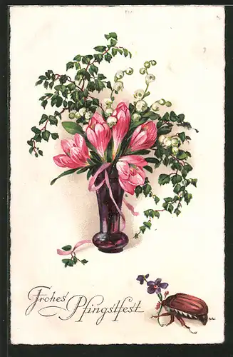 AK Maikäfer mit Blumen in einer Vase zum Pfingstfest