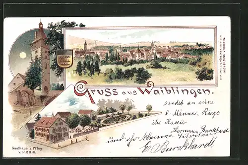 Lithographie Waiblingen, Gasthaus zum Pflug v. H. Buhl am Stadtgraben-Brünnele, Beinsteiner Tor im Mondschein, Wappen