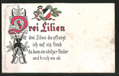 AK Drei Lilien Gedicht Ulanentschako und Säbel