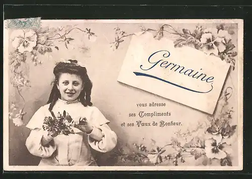 AK Namenstag "Germanie", Mädchen mit Blumen in den Händen