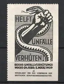 Reklamemarke Reichs-Unfallverhütungswoche 1929, Hand hält Schlange fest
