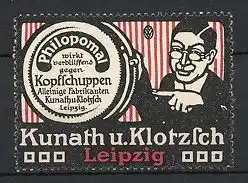 Reklamemarke Leipzig, Philopomal gegen Kopfschuppen, Kunath & Klotzsch, Mann deutet auf Dose Haarpflegemittel
