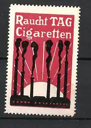 Reklamemarke TAG Zigaretten, rauchende Fabrik-Schornsteine