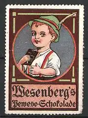 Reklamemarke Wesenberg's Schokolade, Knabe mit Hut & Tafel Schokolade