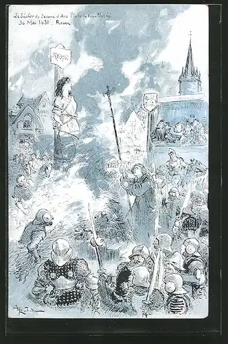 Künstler-AK Jeanne d\'Arc / Johanna von Orleans auf dem Scheiterhaufen in Rouen