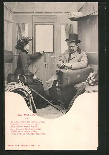 AK en wagon VII, Paar in einem Zugabteil, französische Eisenbahn
