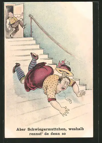 AK Mann tritt seine Schwiegermutter die Treppe hinunter