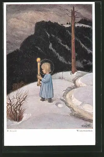 Künstler-AK Matthäus Schiestl: Wintermärchen, Kind mit Kerze im Schnee