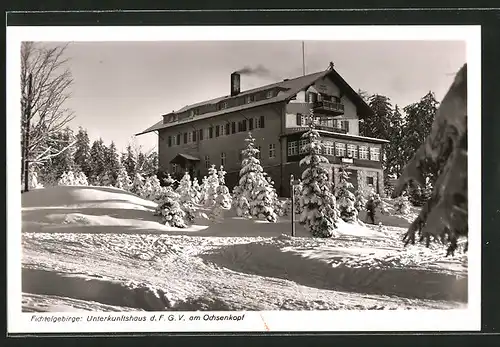 AK Bischofsgrün, Unterkunftshaus d. F.G.V. am Ochsenkopf im Winter