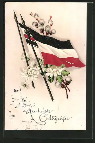 AK Herzlichste Ostergrüsse, deutsche Fahnen