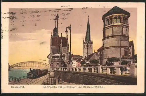 AK Düsseldorf, Rheinpartie mit Schlossturm und Düsselschlösschen