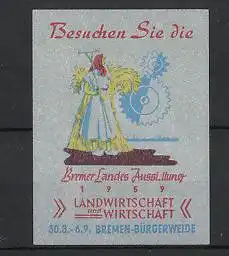 Reklamemarke Bremen-Bürgerweide, Landesausstellung für Landwirtschaft 1959, Bäuerin mit Rechen und Getreidebündel