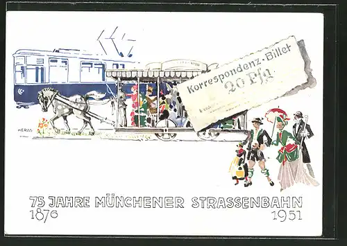 Künstler-AK München, 75 Jahre Münchener Strassenbahn 1876-1951, Pferdebahn u. Fahrschein