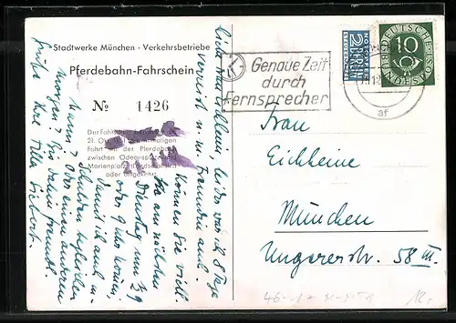 Künstler-AK München, 75 Jahre Münchener Strassenbahn 1876-1951, Pferdebahn u. Fahrschein