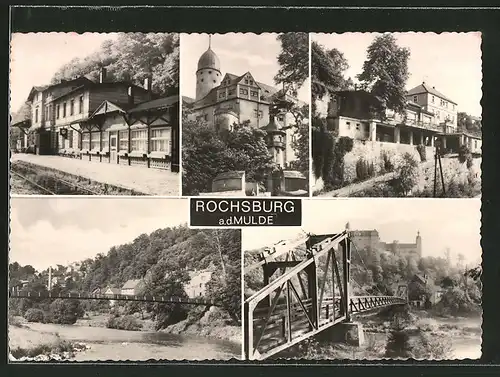 AK Rochsburg, Bahnhof, Blick von der Brücke zur Burg, Ortsansicht