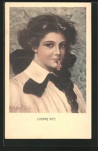 Künstler-AK Clarence F.Underwood: Cherry Ripe, hübsche junge Dame hält Kirschen zwischen ihren Lippen