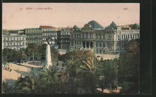 AK Oran, L'Hotel-de-Ville, Platz mit Obelisk