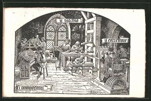 AK Torino, Esposizione Internationale delle Industrie 1911. Il Torchio, il cozzettoze, i compontori - Ausstellung