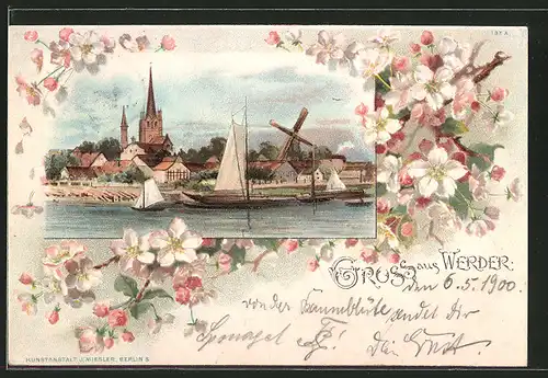 Lithographie Werder, Ortsansicht mit Segelschiff & Windmühle