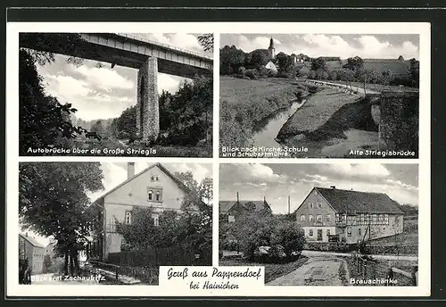 AK Pappendorf, Bäckerei Zschaubitz, Brauschänke, Autobrücke über die Grosse Striegis