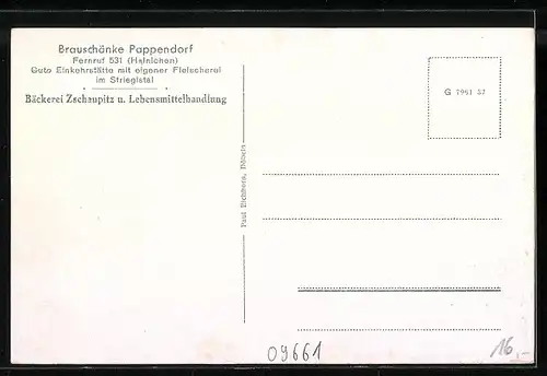 AK Pappendorf, Bäckerei Zschaubitz, Brauschänke, Autobrücke über die Grosse Striegis