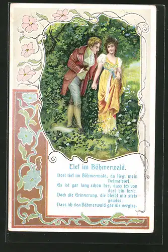 Präge-AK Liebespaar tief im Böhmerwald, Blumen