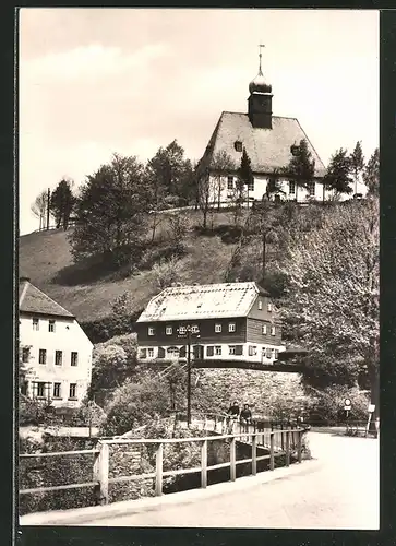 AK Olbernhau, Blick auf die Kirche des Ortsteils Oberneuschönberg
