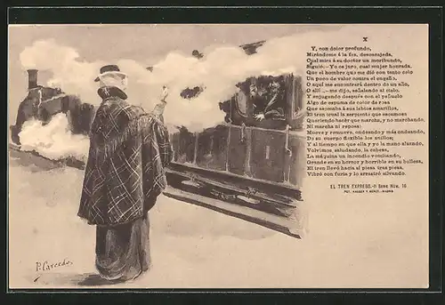 Künstler-AK P. Carcedo: El tren Expresso von Ramón de Campoamor, X, Dame winkt Zug hinterher