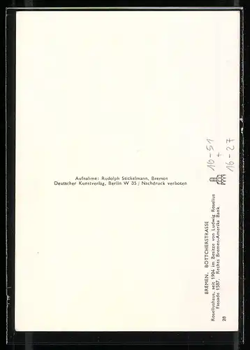 Foto-AK Deutscher Kunstverlag, NR 28: Bremen, Böttcherstrasse, Roseliushaus, Bremen-Amerika-Bank